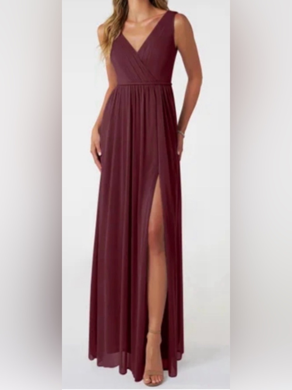 NWT Azazie Tanicia Stretch Cabernet A-Line V-Neck Pleated Mesh Dress Size A12